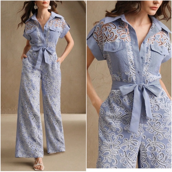 Striped Lace Button Cuff Sleeve Belted Wide Leg Jumpsuit - Picture 1 of 5